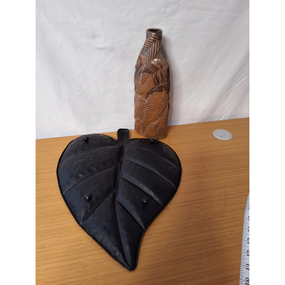 Vintage Style Brown Botanical Set Including Fern Vase & Hammered Metal Leaf Tray - Picture 7 of 10